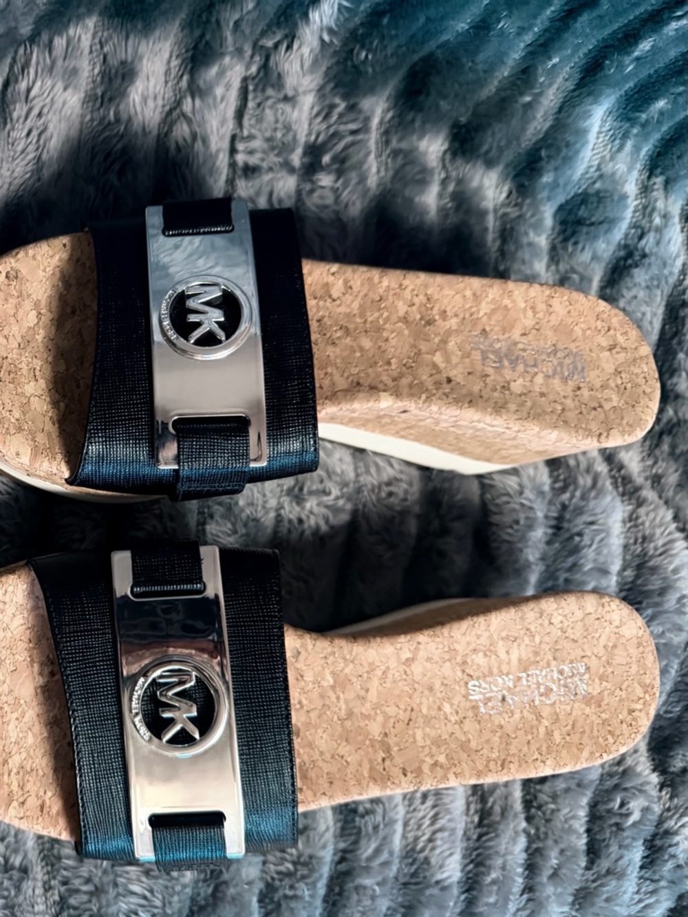 Michael Kors Black Cork Slide Sandals with Silver Logo